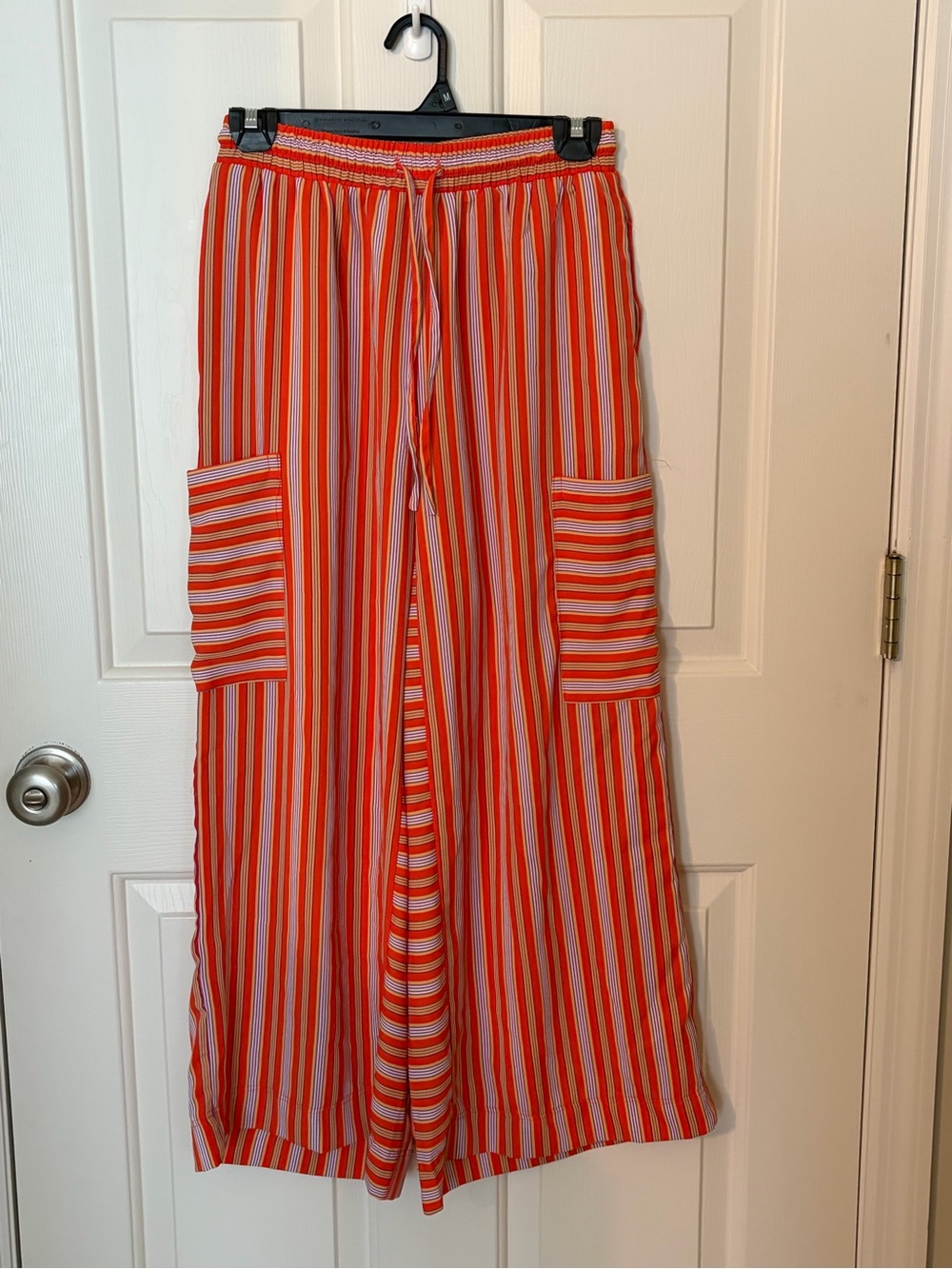 Striped Wide-Leg Pull-On Pants in Orange/White